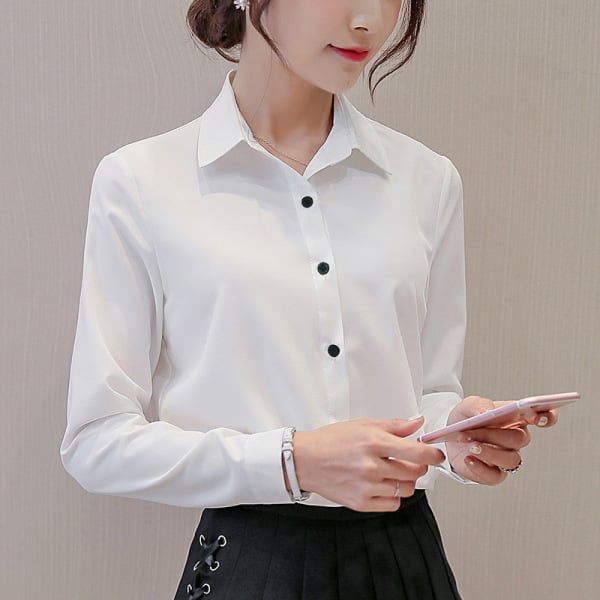 Women White Blouse Fashion Casual Slim Elegant Office Long-sleeve Chiffon Shirt