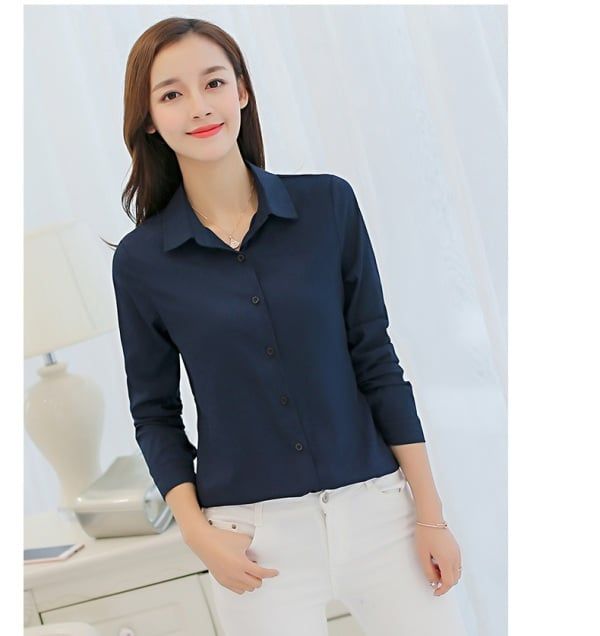 Women White Blouse Fashion Casual Slim Elegant Office Long-sleeve Chiffon Shirt