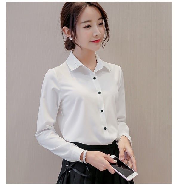 Women White Blouse Fashion Casual Slim Elegant Office Long-sleeve Chiffon Shirt