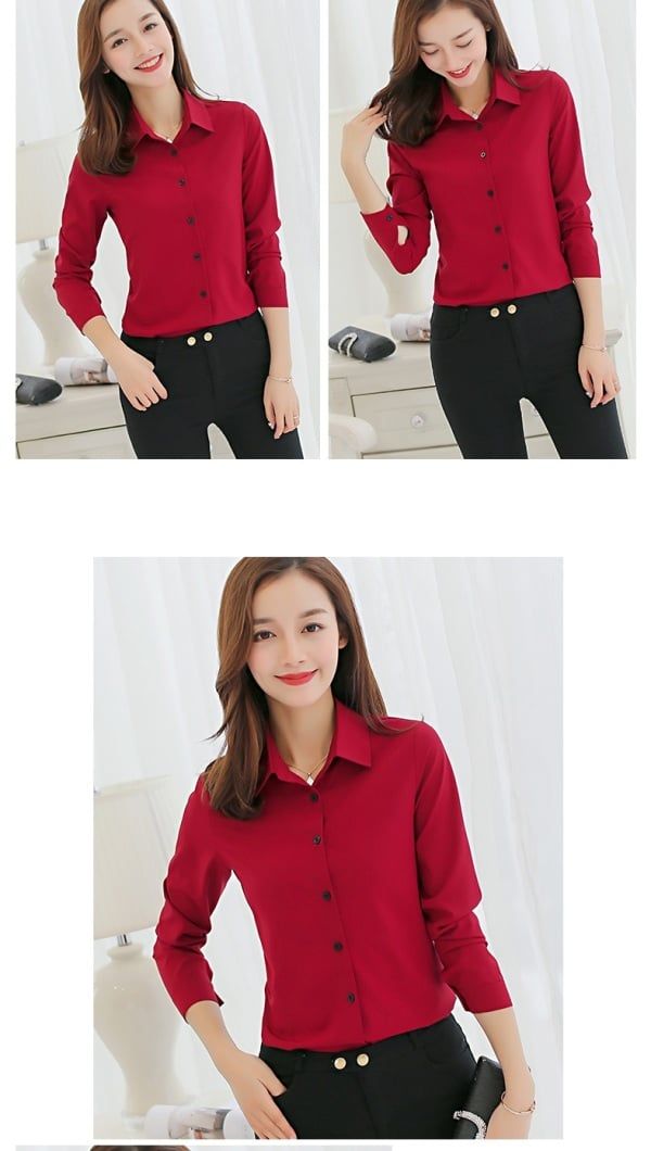 Women White Blouse Fashion Casual Slim Elegant Office Long-sleeve Chiffon Shirt