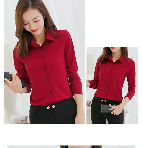 Women White Blouse Fashion Casual Slim Elegant Office Long-sleeve Chiffon Shirt