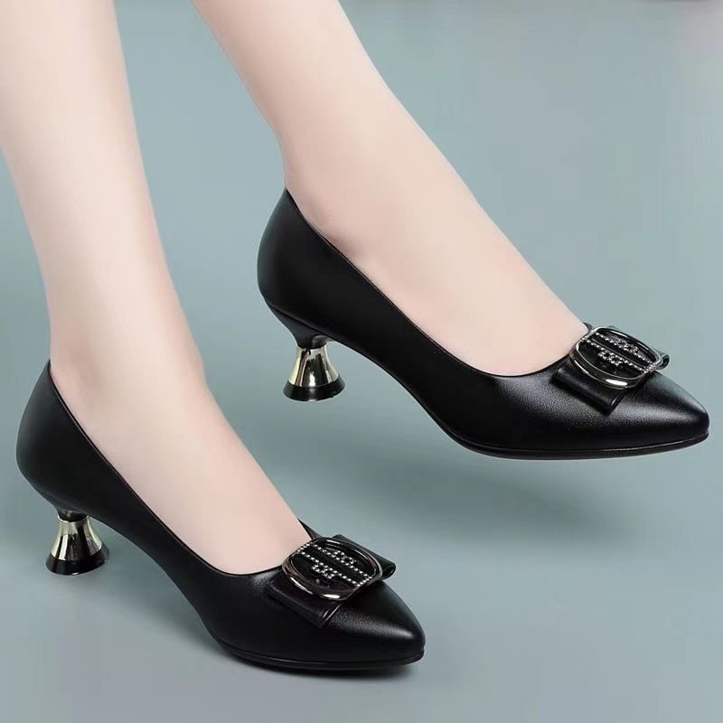 Style Leather Pumps Women Solid Shoes Low Thin Heels Single Shoes High Heels Ladies Office Work Dress