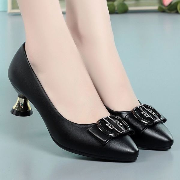 Style Leather Pumps Women Solid Shoes Low Thin Heels Single Shoes High Heels Ladies Office Work Dress