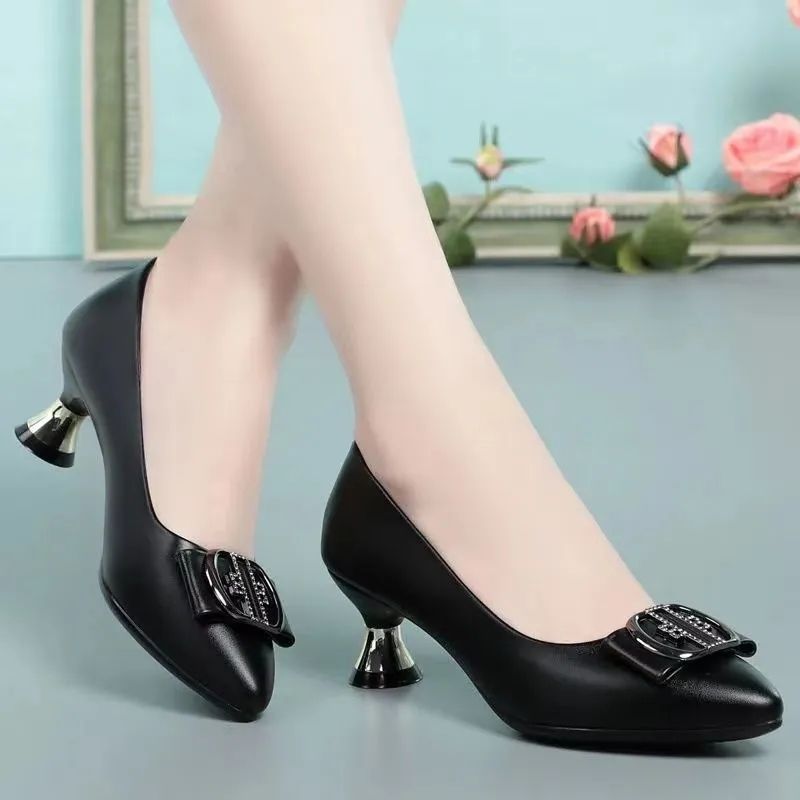 Style Leather Pumps Women Solid Shoes Low Thin Heels Single Shoes High Heels Ladies Office Work Dress