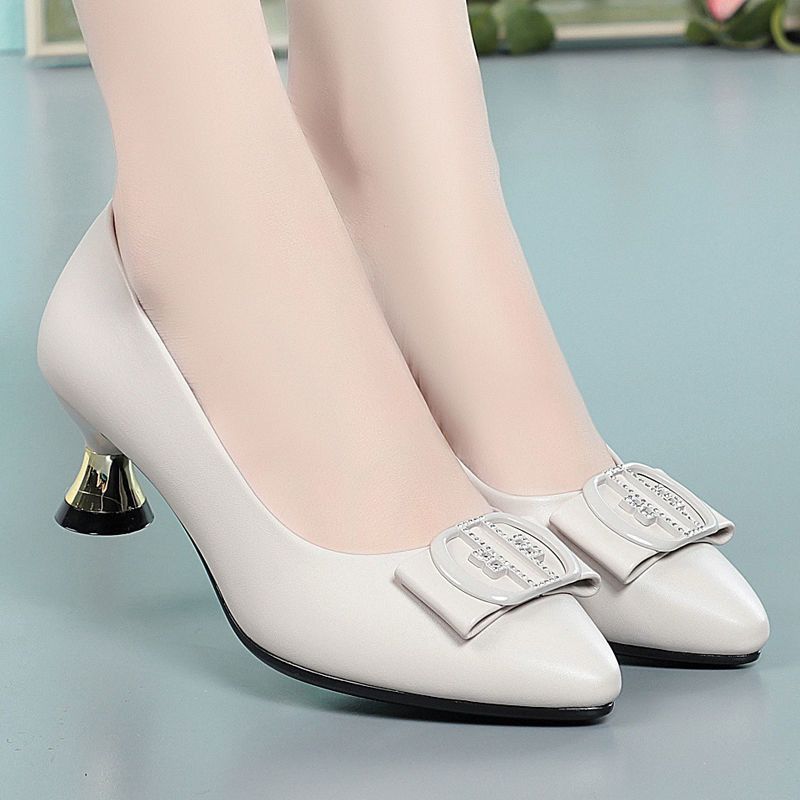 Style Leather Pumps Women Solid Shoes Low Thin Heels Single Shoes High Heels Ladies Office Work Dress