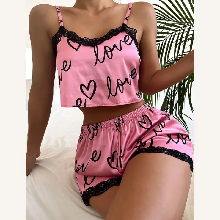 Floral Pajama Set Women's 2 Pieces Sleepwear Pyjamas Silk Satin Cami Top and Shorts Pajamas Summer Pajamas Set for Women