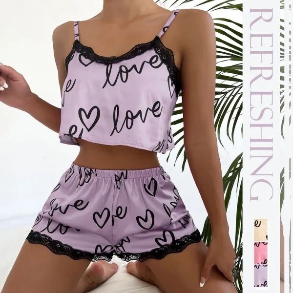 Floral Pajama Set Women's 2 Pieces Sleepwear Pyjamas Silk Satin Cami Top and Shorts Pajamas Summer Pajamas Set for Women