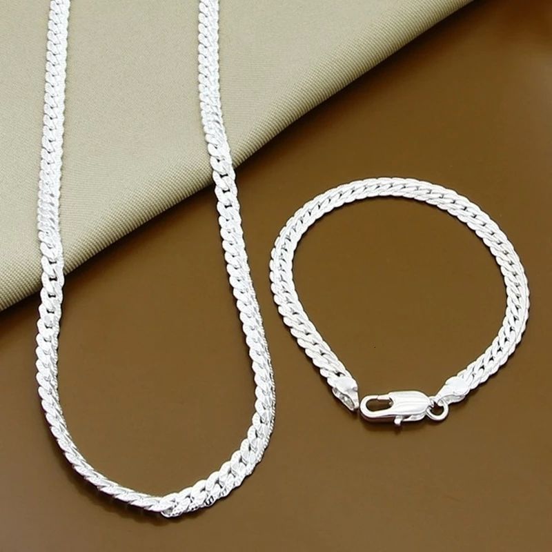 2 pc/set 5MM Full Sideways 925 plating Silver Necklace Bracelet Fashion Jewelry For Women Men Link Chain Sets Wedding Gift