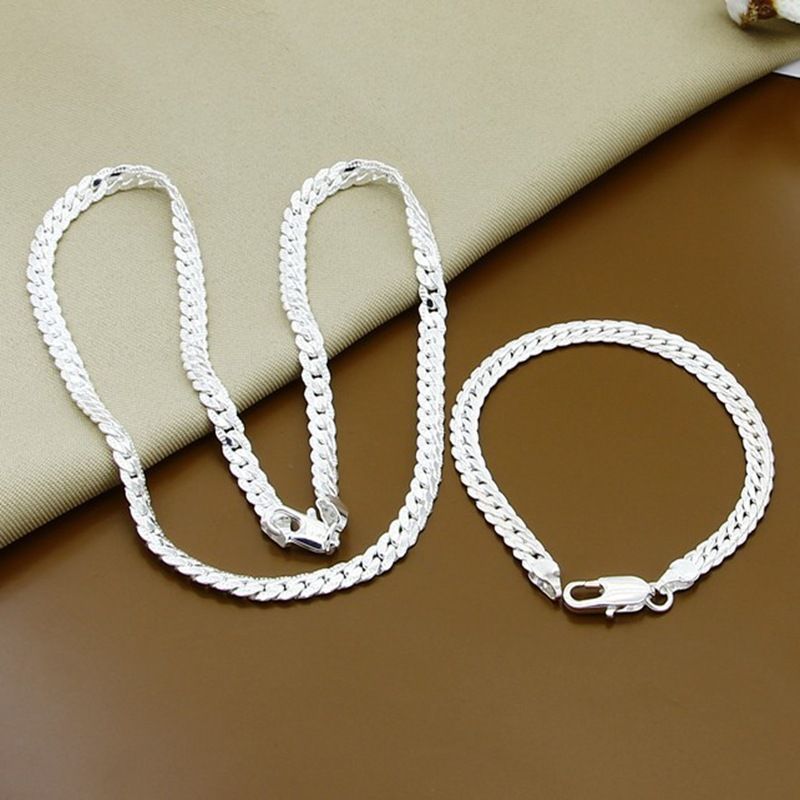 2 pc/set 5MM Full Sideways 925 plating Silver Necklace Bracelet Fashion Jewelry For Women Men Link Chain Sets Wedding Gift