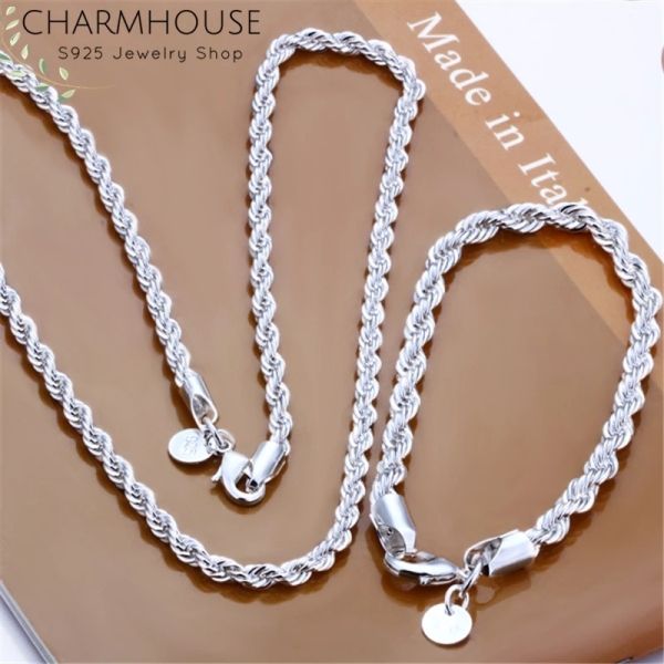 925 Silver plating Jewelry Sets For Women Men 4mm Twisted Chain Bracelet Necklace 2pcs Sets Fashion Jewelry Wholesale