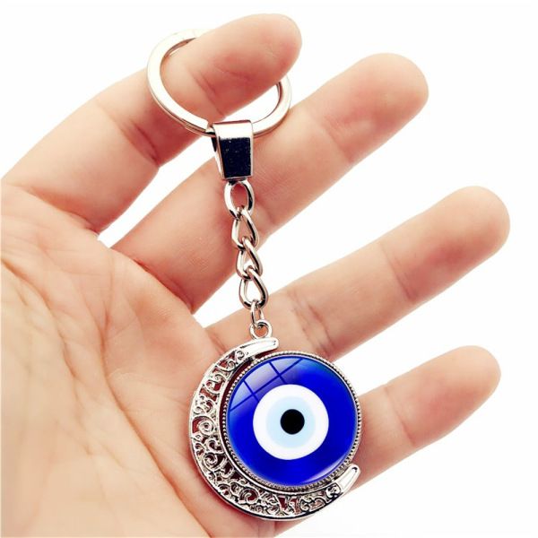 Turkish Evil Eye Keychain Charms Rotate 360 Degrees Moon Pendant Turkey Evil Eyes Lucky Key Chain Bag Car Key Chain Ring Holder
