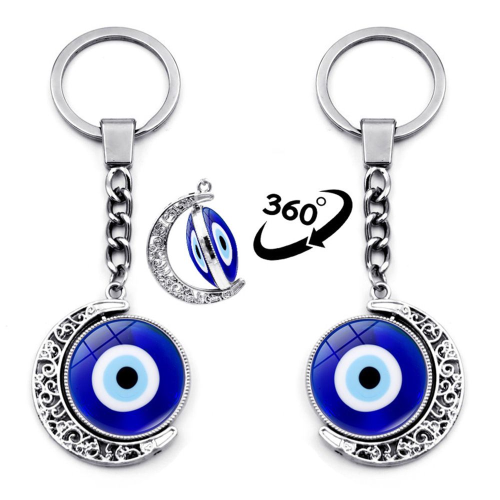 Turkish Evil Eye Keychain Charms Rotate 360 Degrees Moon Pendant Turkey Evil Eyes Lucky Key Chain Bag Car Key Chain Ring Holder