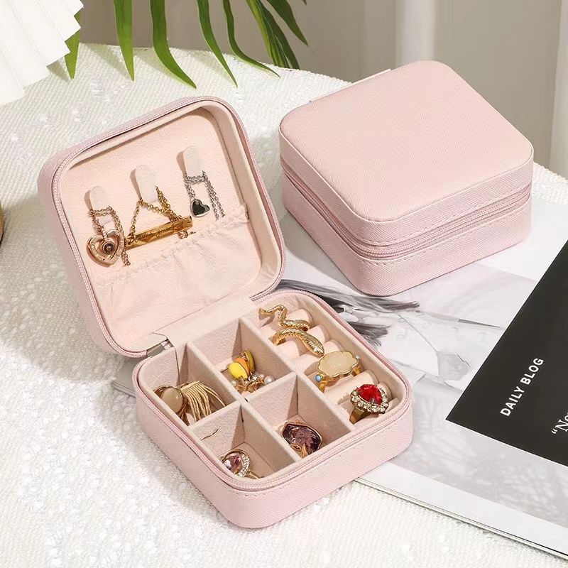Solid Color Jewelry Organizer Leather Square Small Round Box Ring Earrings Portable Travel Jewelry Storage Bag