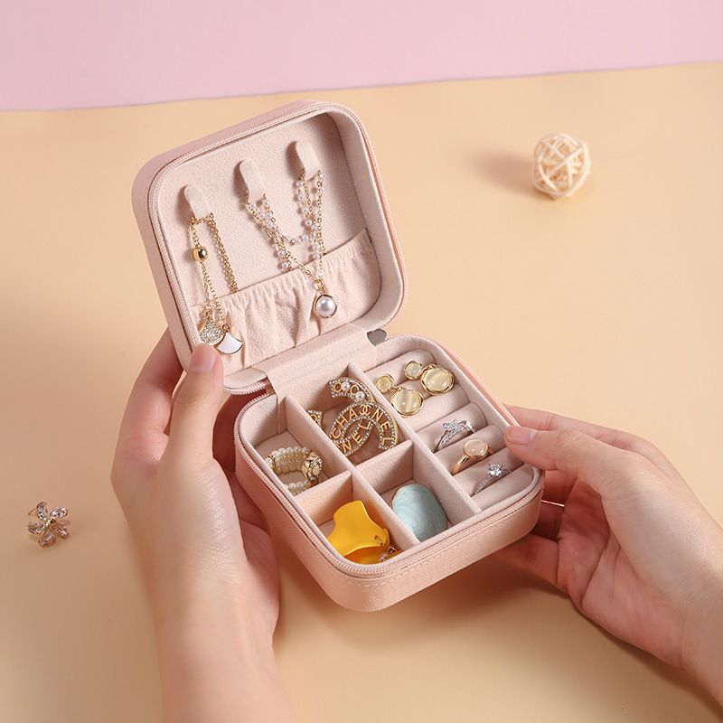 Solid Color Jewelry Organizer Leather Square Small Round Box Ring Earrings Portable Travel Jewelry Storage Bag