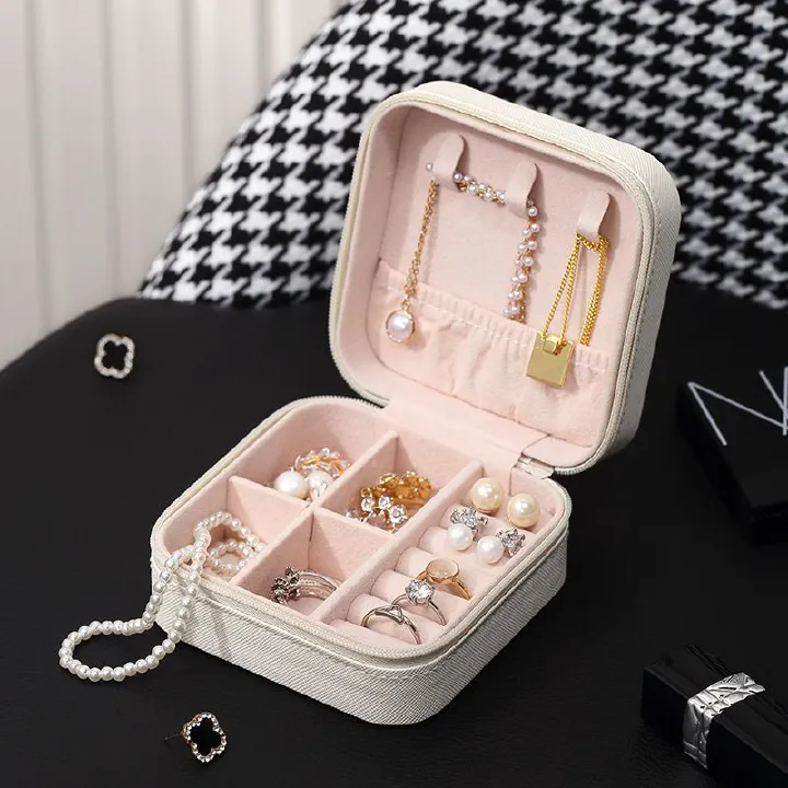 Solid Color Jewelry Organizer Leather Square Small Round Box Ring Earrings Portable Travel Jewelry Storage Bag