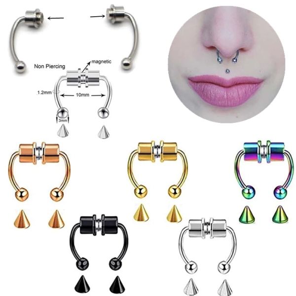 Fake Nose Ring Magnetic Horseshoe Non Piercing Hoop Jewelry for Women Punk Style Stainless Steel Men Nose Studs Reusable Unisex
