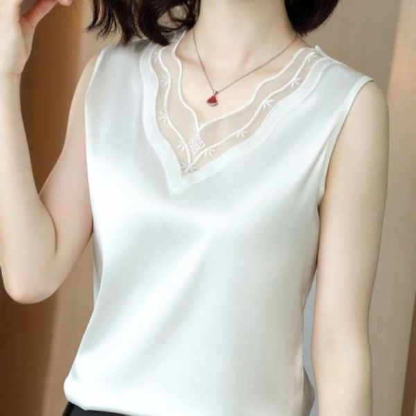 Fashion Chiffon Tops Shirt Women Summer Loose Vest Satin Sleeveless Lace V-neck Top Office Lady Blouse M-4XL Wholesale