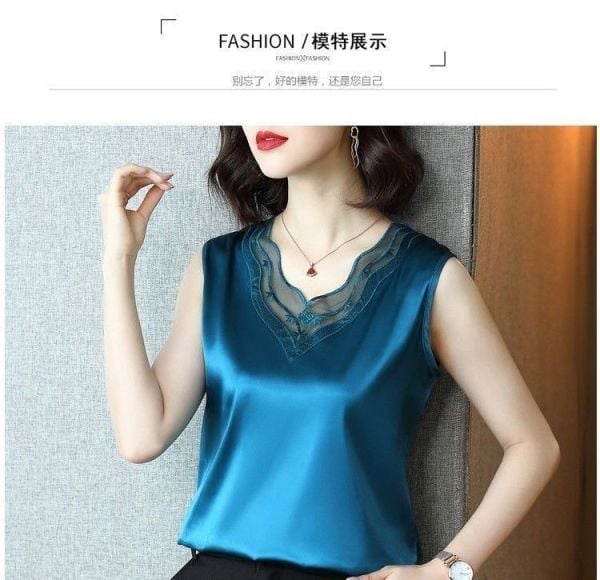 Fashion Chiffon Tops Shirt Women Summer Loose Vest Satin Sleeveless Lace V-neck Top Office Lady Blouse M-4XL Wholesale