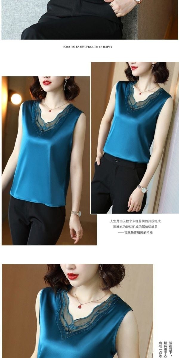 Fashion Chiffon Tops Shirt Women Summer Loose Vest Satin Sleeveless Lace V-neck Top Office Lady Blouse M-4XL Wholesale