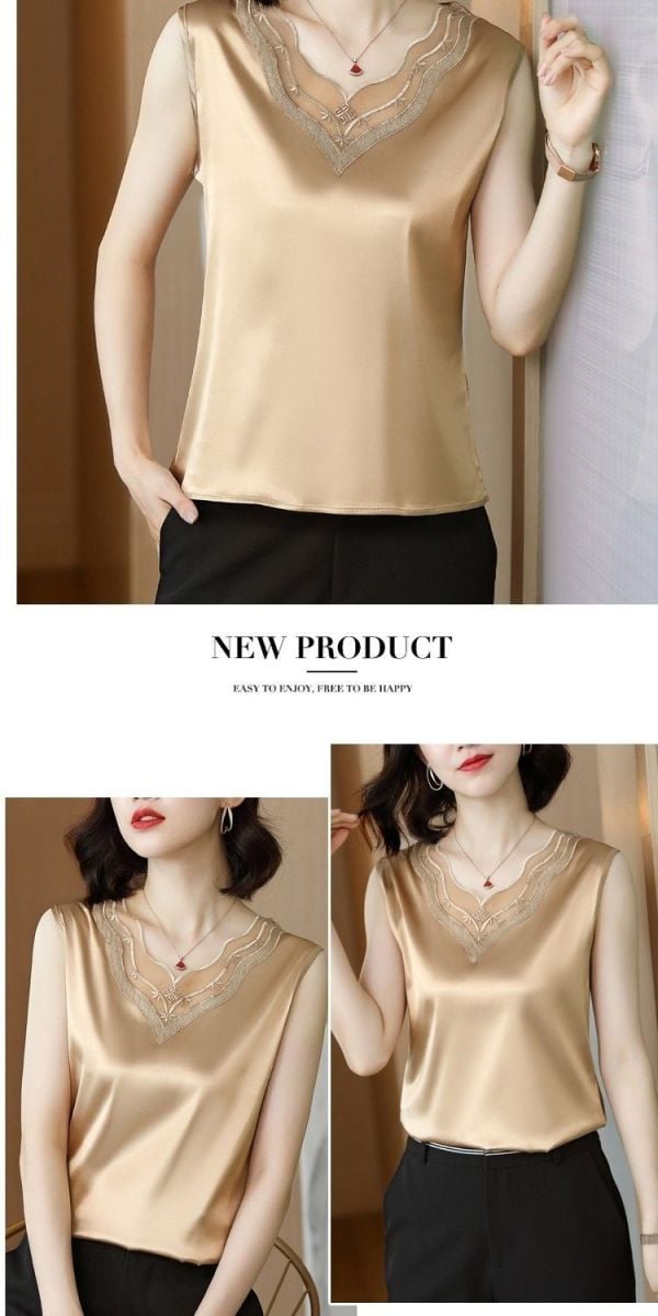 Fashion Chiffon Tops Shirt Women Summer Loose Vest Satin Sleeveless Lace V-neck Top Office Lady Blouse M-4XL Wholesale
