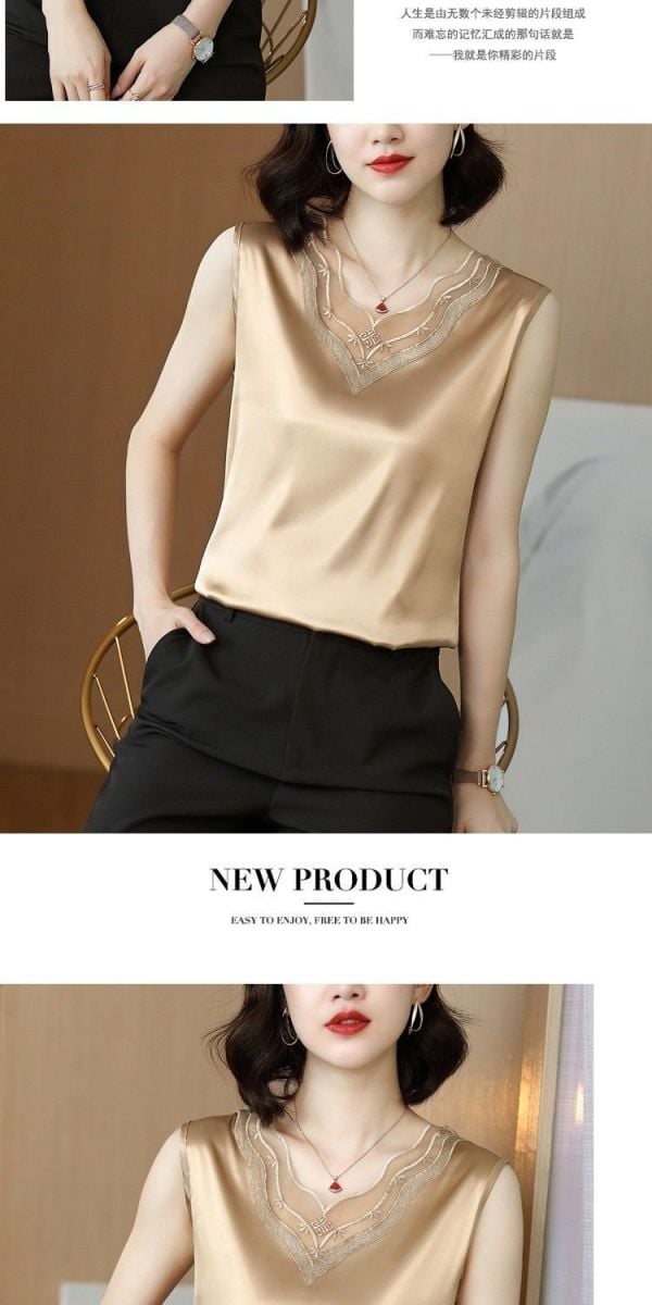 Fashion Chiffon Tops Shirt Women Summer Loose Vest Satin Sleeveless Lace V-neck Top Office Lady Blouse M-4XL Wholesale