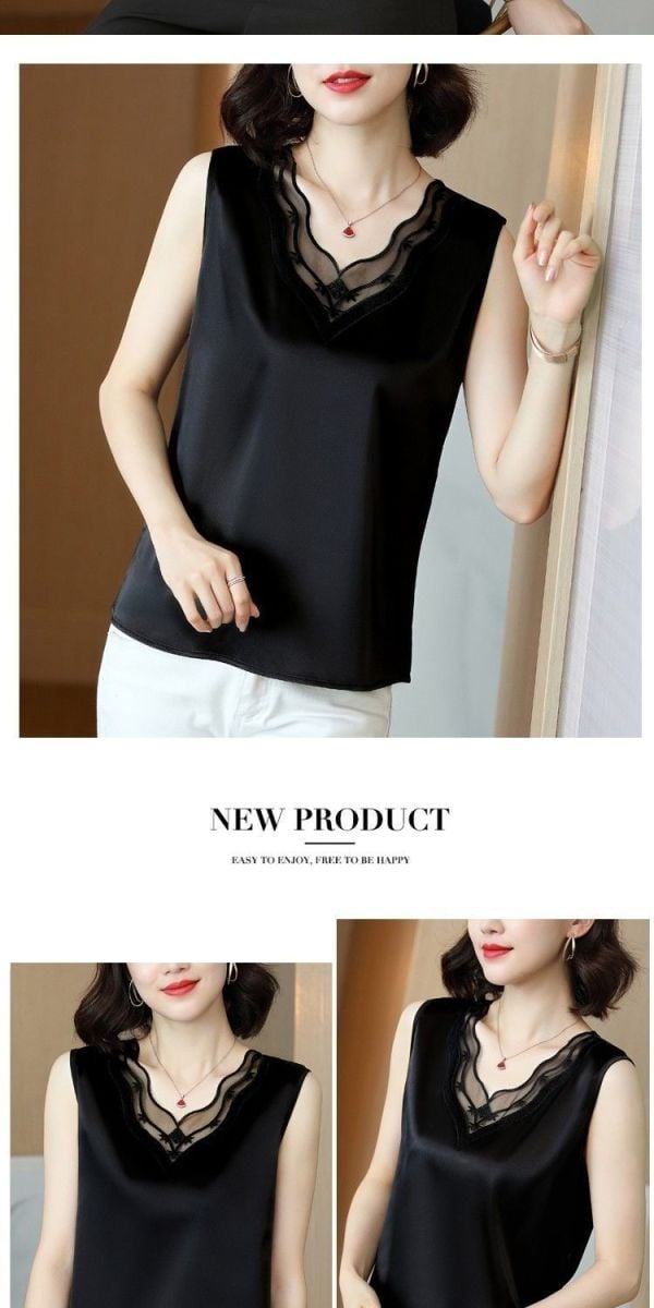 Fashion Chiffon Tops Shirt Women Summer Loose Vest Satin Sleeveless Lace V-neck Top Office Lady Blouse M-4XL Wholesale