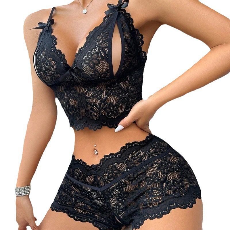 New Women's Underwear  Sexy Floral Lace Lingerie Set Hollow Out Bow Knot Bra And Open Crotch Panties Sets