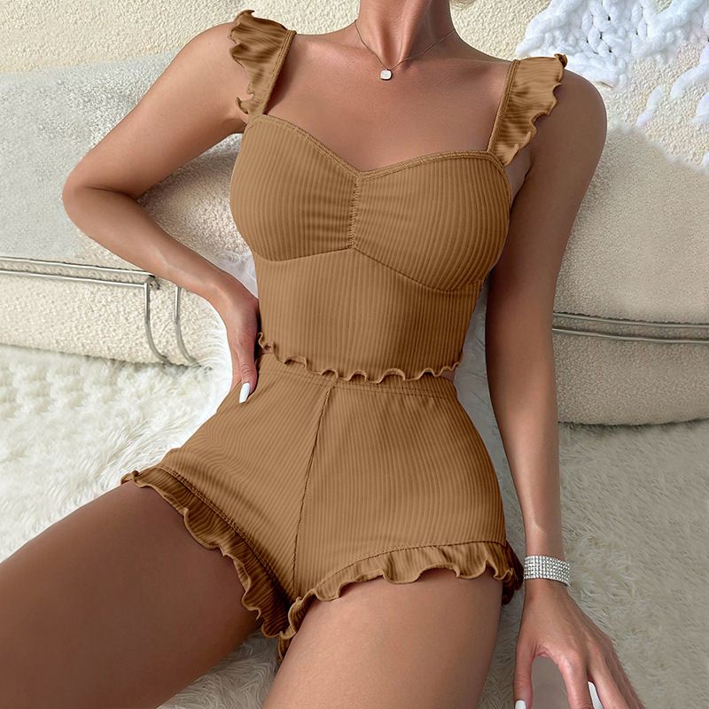 New Women Pajama Set Bow Small Fly Sleeve Straps Crop Top & Elastic Waist Shorts 2 Pieces Female Sleepwear Summer Nightwear