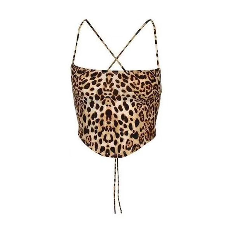 Leopard Pattern Women Tank Tops Backless Sexy Rave Outfits Sleeveless Cross Lace Up Bralette Crop Top Summer Streetwear