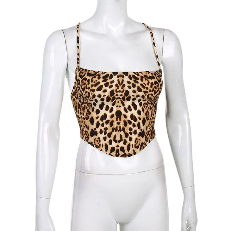 Leopard Pattern Women Tank Tops Backless Sexy Rave Outfits Sleeveless Cross Lace Up Bralette Crop Top Summer Streetwear