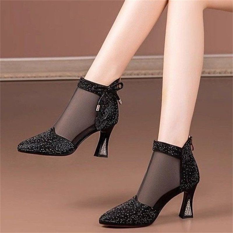 Summer Womens Glamorous Rhinestone Glitter Boots  Trendy Hollow Out  Chunky Heels Point Toe Shoes