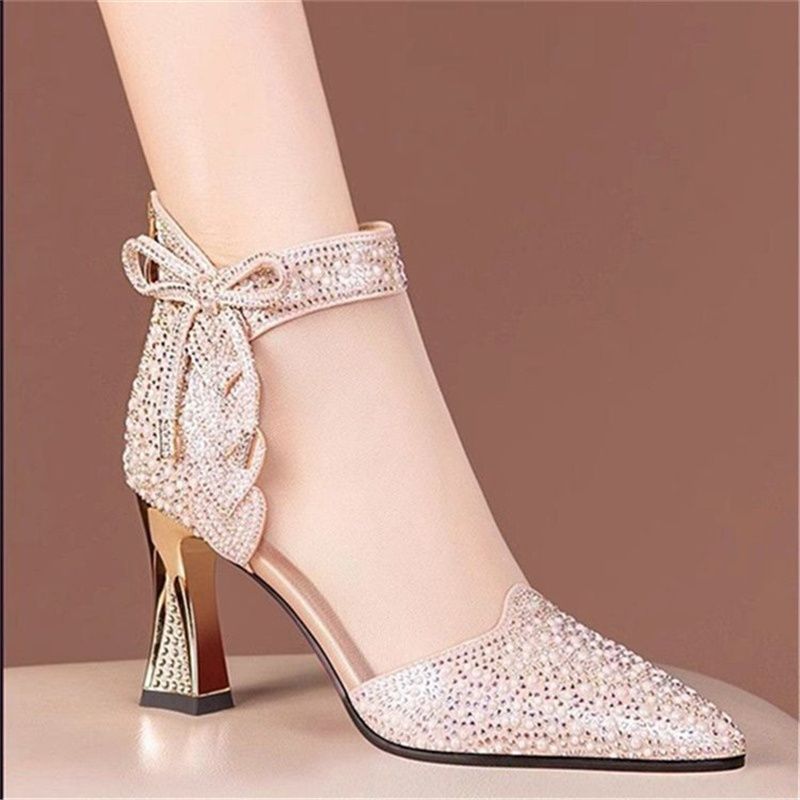 Summer Womens Glamorous Rhinestone Glitter Boots  Trendy Hollow Out  Chunky Heels Point Toe Shoes