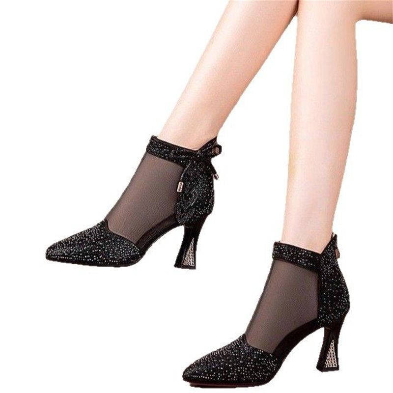 Summer Womens Glamorous Rhinestone Glitter Boots  Trendy Hollow Out  Chunky Heels Point Toe Shoes