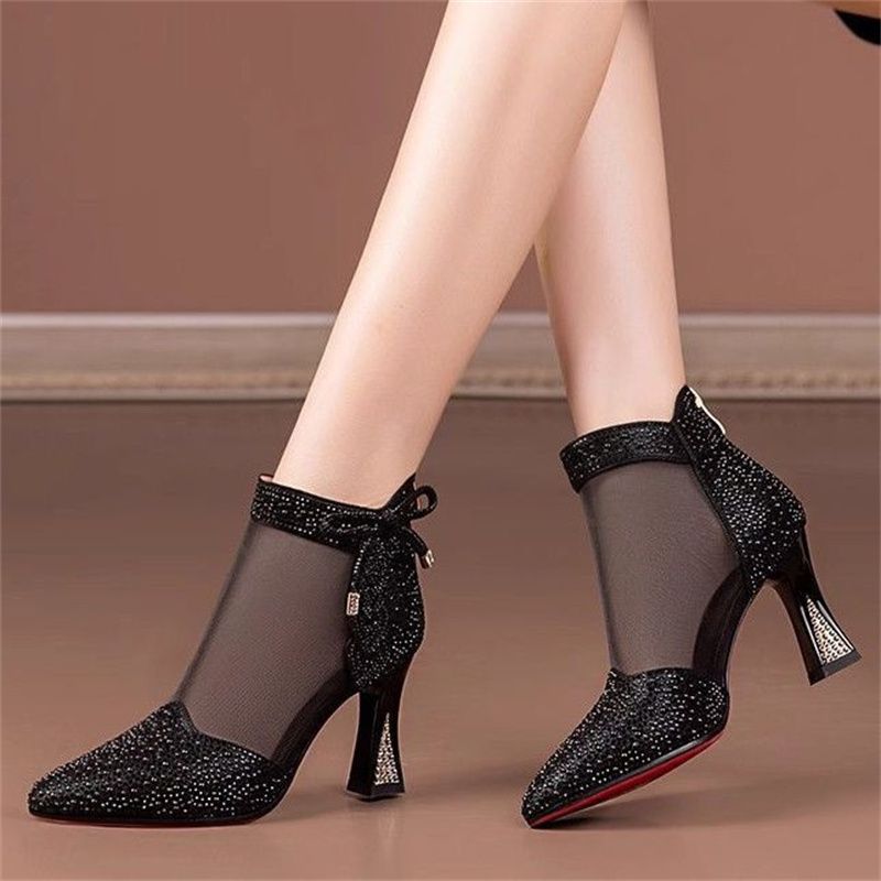 Summer Womens Glamorous Rhinestone Glitter Boots  Trendy Hollow Out  Chunky Heels Point Toe Shoes