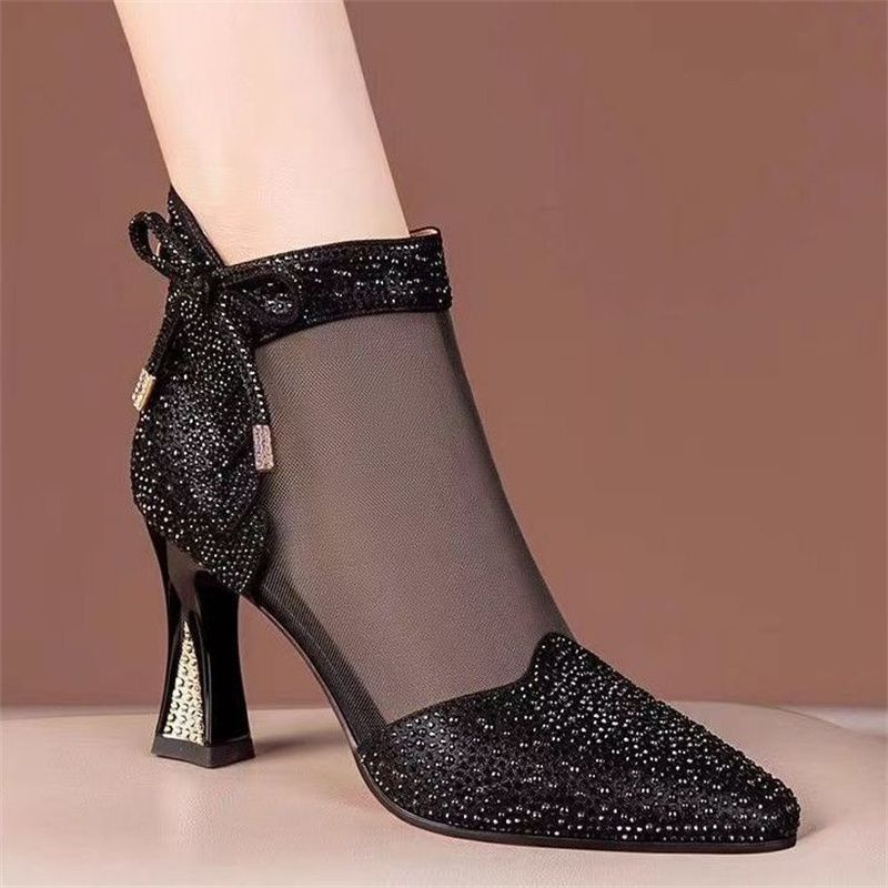 Summer Womens Glamorous Rhinestone Glitter Boots  Trendy Hollow Out  Chunky Heels Point Toe Shoes