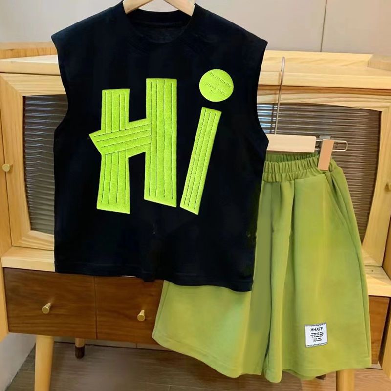 Kid Boy Clothes Sport Suit Summer Vest+Short Pant 2Pcs Set Hi Letter Green Children Tracksuit Toddler