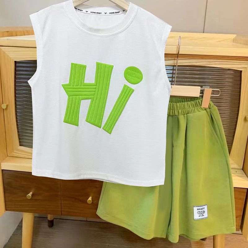 Kid Boy Clothes Sport Suit Summer Vest+Short Pant 2Pcs Set Hi Letter Green Children Tracksuit Toddler