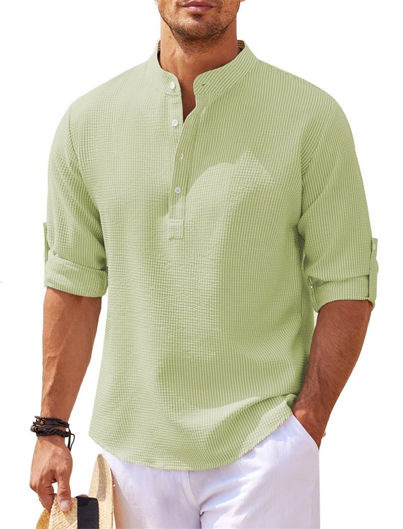 Cotton Linen Men's Long-Sleeved Shirts Spring Autumn Solid Color Stand-Up Collar Casual Beach Style