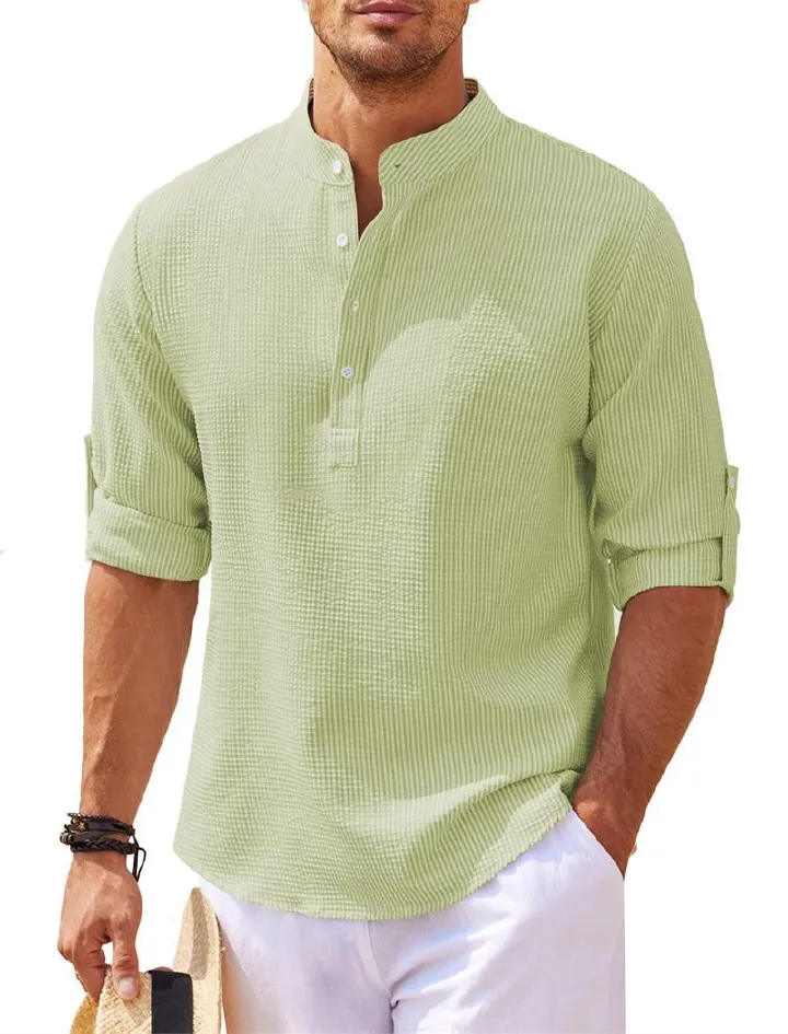 Cotton Linen Men's Long-Sleeved Shirts Spring Autumn Solid Color Stand-Up Collar Casual Beach Style