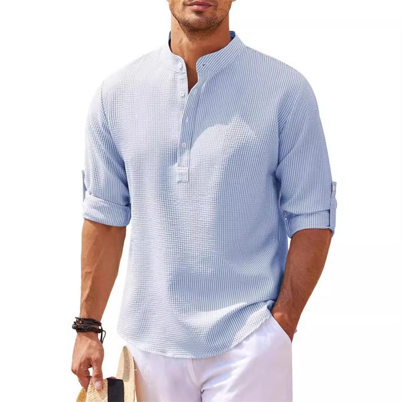 Cotton Linen Men's Long-Sleeved Shirts Spring Autumn Solid Color Stand-Up Collar Casual Beach Style