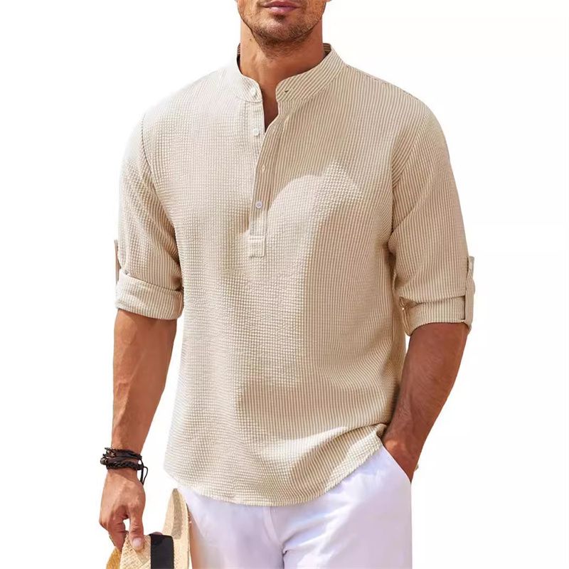 Cotton Linen Men's Long-Sleeved Shirts Spring Autumn Solid Color Stand-Up Collar Casual Beach Style
