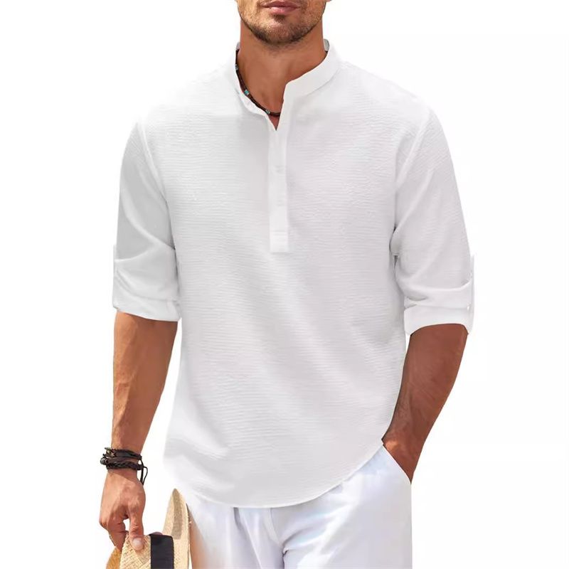 Cotton Linen Men's Long-Sleeved Shirts Spring Autumn Solid Color Stand-Up Collar Casual Beach Style