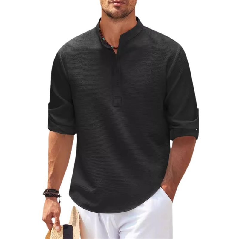 Cotton Linen Men's Long-Sleeved Shirts Spring Autumn Solid Color Stand-Up Collar Casual Beach Style