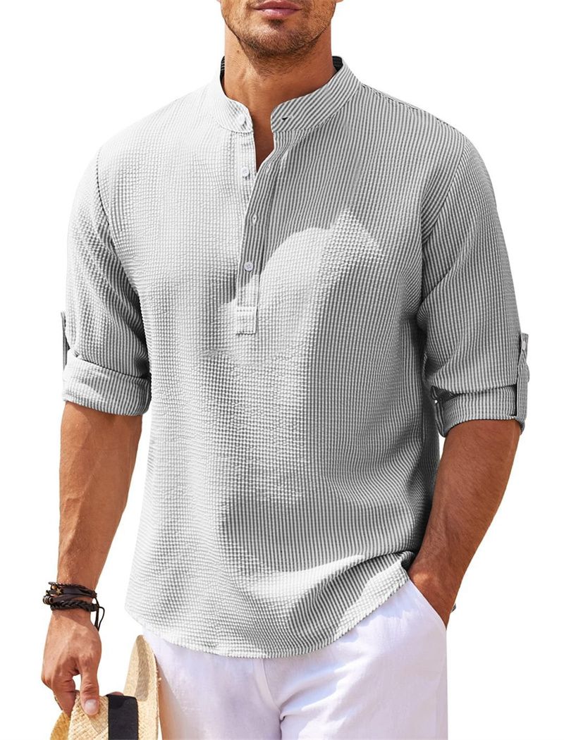 Cotton Linen Men's Long-Sleeved Shirts Spring Autumn Solid Color Stand-Up Collar Casual Beach Style