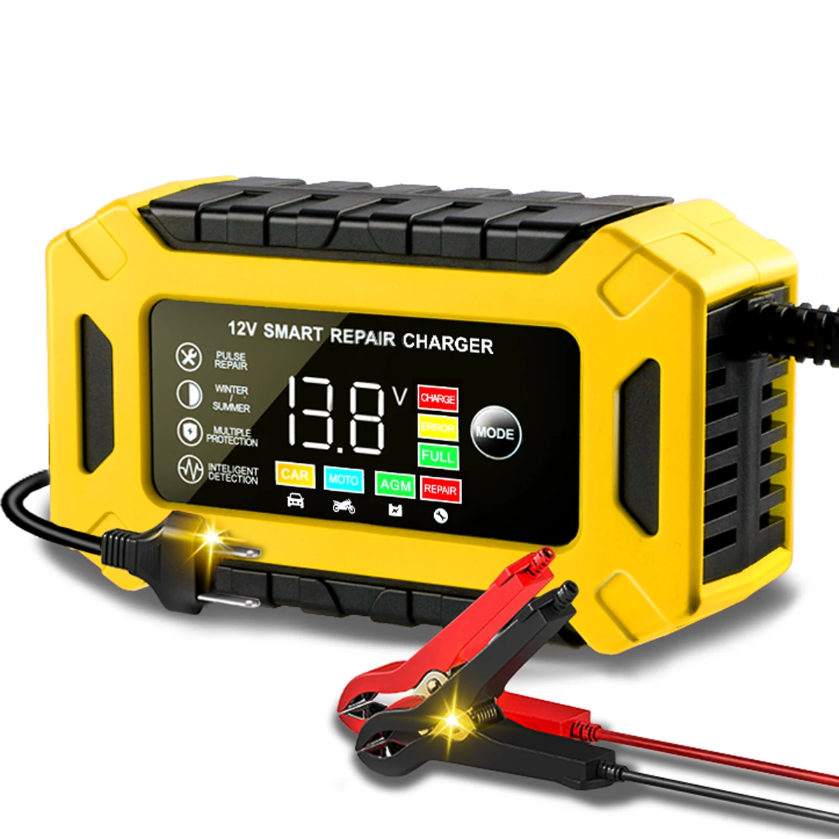 12V 6A Smart Truck Motorcycle Charger Wet Dry Lead Acid Gel Charger Car Auto Battery Charger Pulse Repair Digital LCD Display