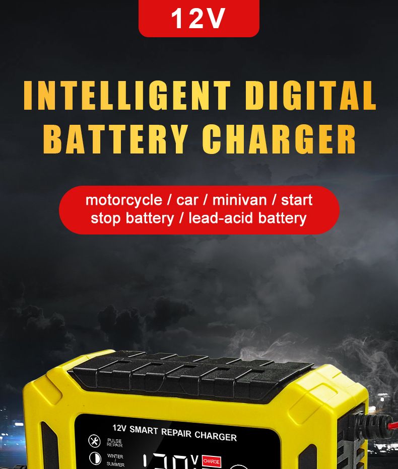 12V 6A Smart Truck Motorcycle Charger Wet Dry Lead Acid Gel Charger Car Auto Battery Charger Pulse Repair Digital LCD Display