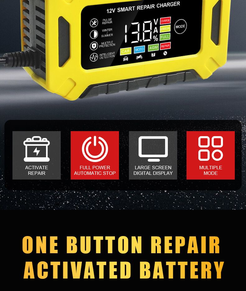 12V 6A Smart Truck Motorcycle Charger Wet Dry Lead Acid Gel Charger Car Auto Battery Charger Pulse Repair Digital LCD Display
