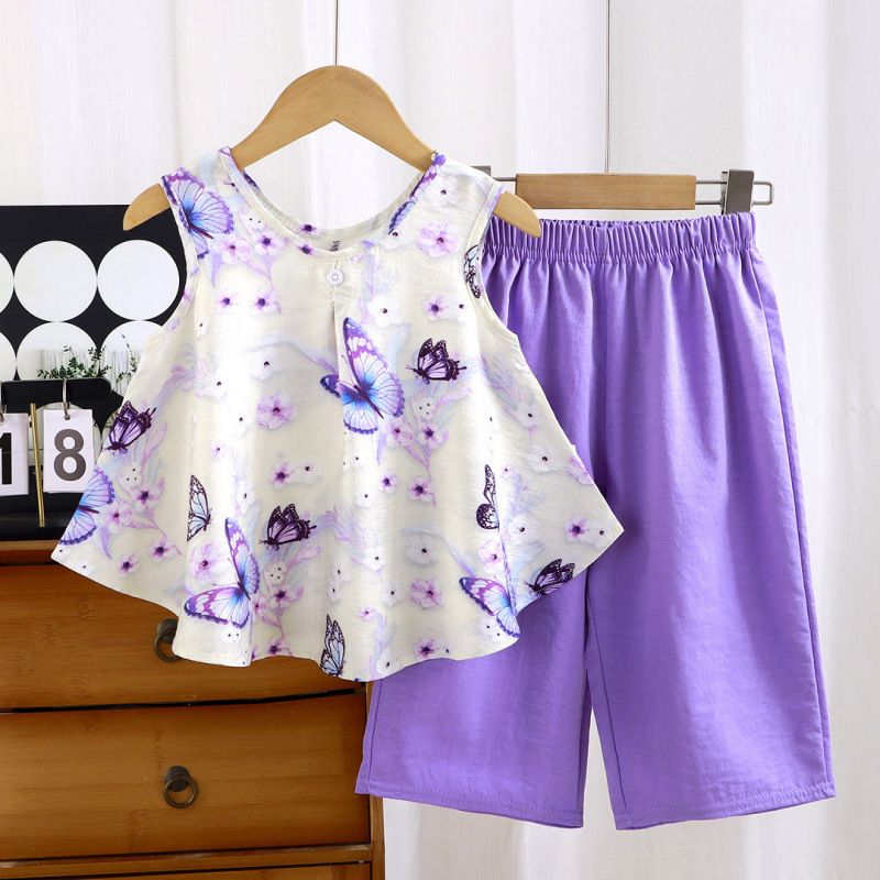 Summer Baby Girls Suit Purple Butterfly Print Round Neck Skirt+Pants 2 Pieces Sets Kids Clothes