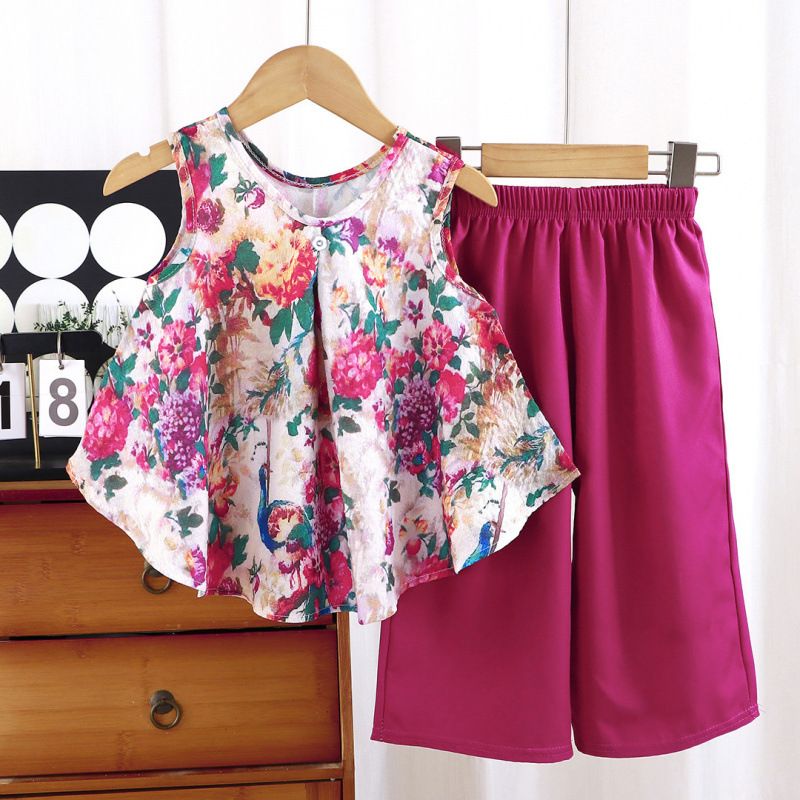 Summer Baby Girls Suit Purple Butterfly Print Round Neck Skirt+Pants 2 Pieces Sets Kids Clothes
