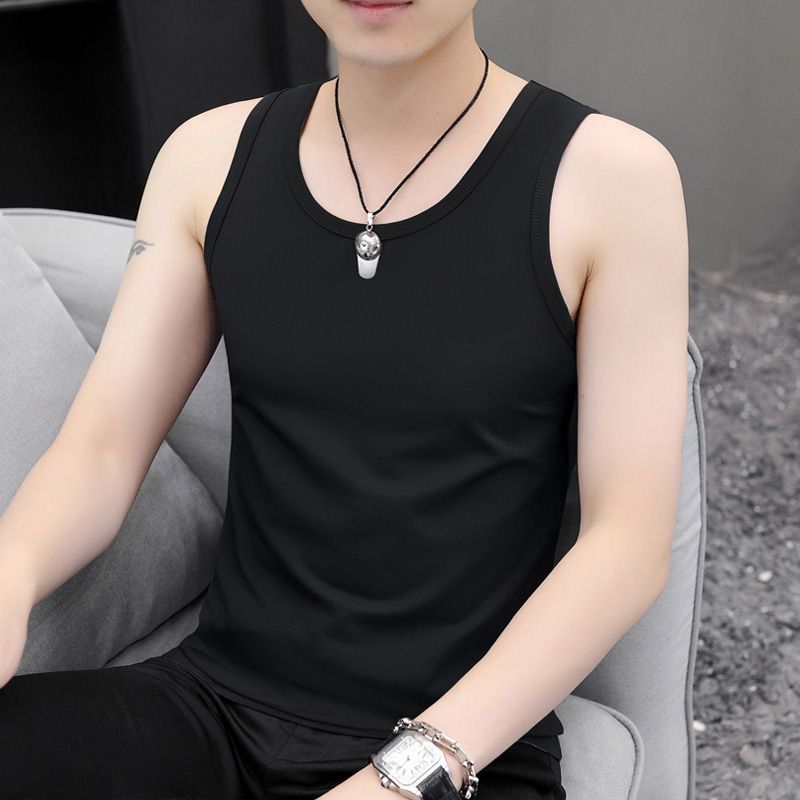 Ice Silk Cool Touch Feeling Men's round-neck Vest Summer Fashion Solid Color Simple Soft Comfortable Slim Fit  Sleeveless Top